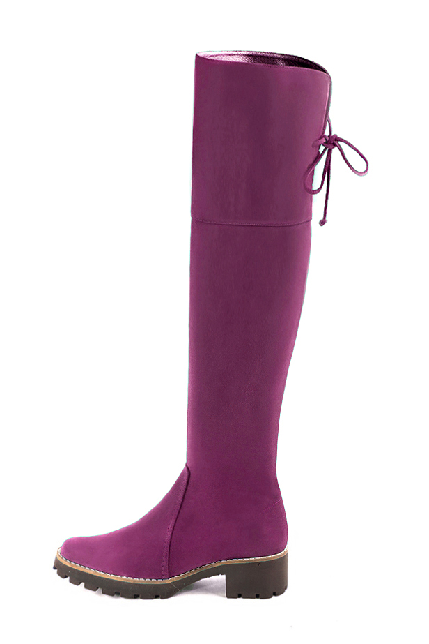 Mulberry purple women's leather thigh-high boots. Round toe. Low rubber soles. Made to measure. Profile view - Florence KOOIJMAN
